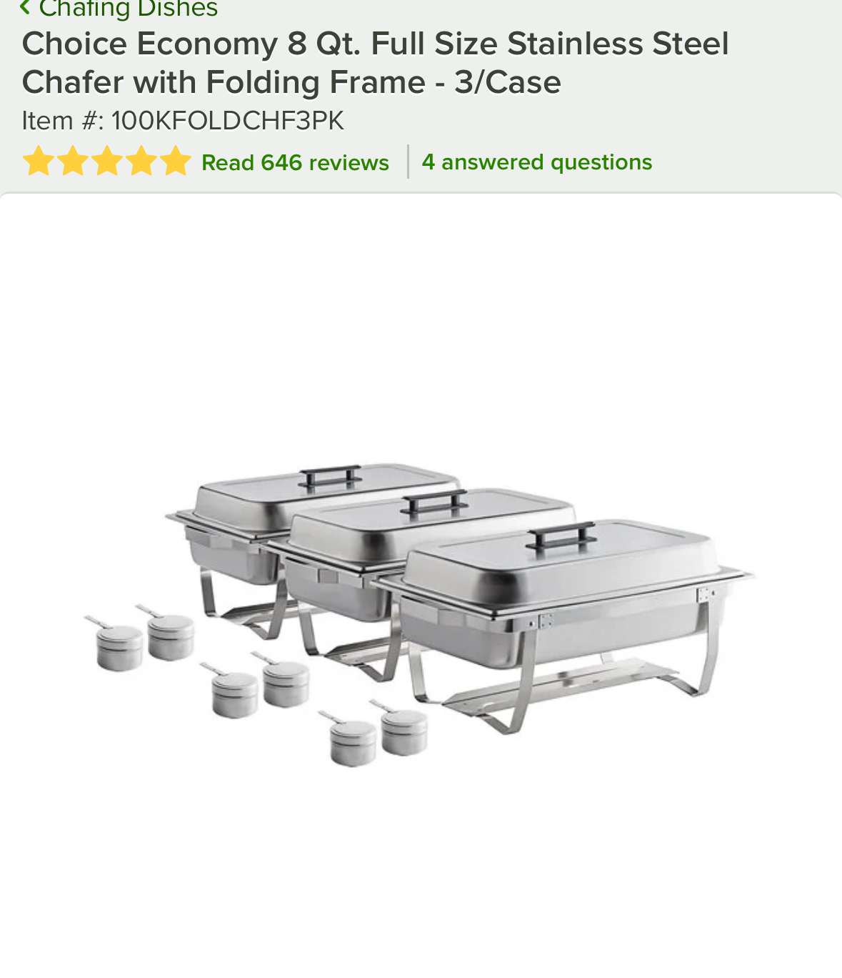 Chafing Dishes Choice Economy 8 Qt. Full Size Stainless Steel Chafer with Folding Frame - 3/Case No bulk pricing